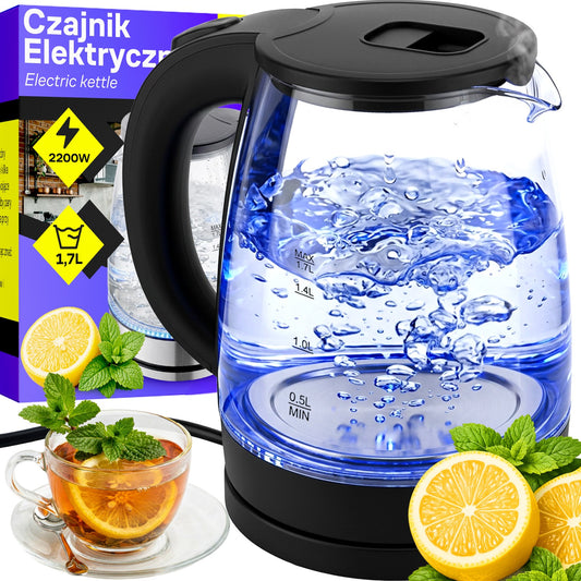 1.7L Cordless Glass Electric Kettle with LED Backlight, 2200W High Power - OR1296 - Carlat