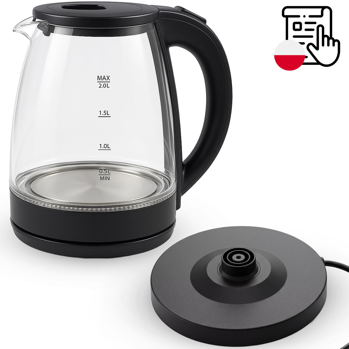 1.7L Cordless Glass Electric Kettle with LED Backlight, 2200W High Power - OR1296 - Carlat