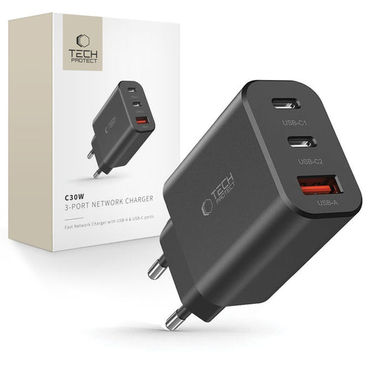 Tech-Protect NC30W 2x USB-C USB-A 30W wall charger - black
