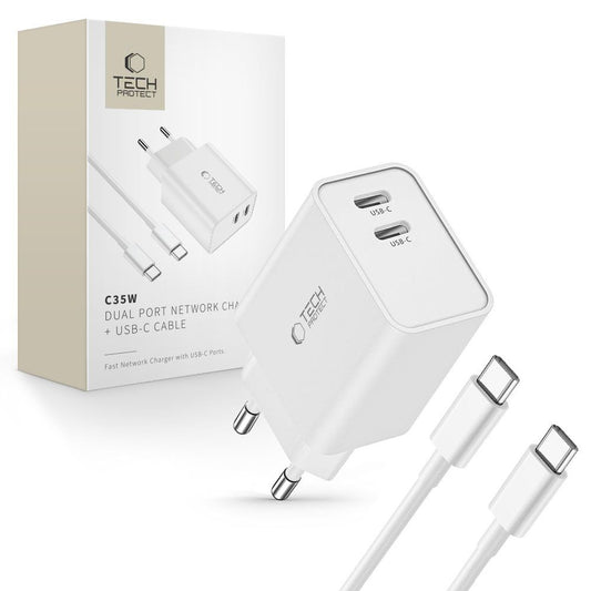 Tech-Protect C35W 2x USB-C wall charger with 35W USB-C cable - white