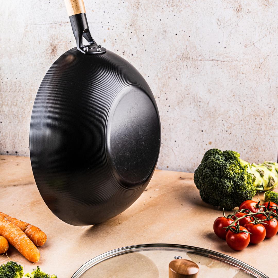 30 cm wok with lid, carbon steel, marbled nonstick coating, wooden handle, Kinghoff, KH-1984 - Carlat