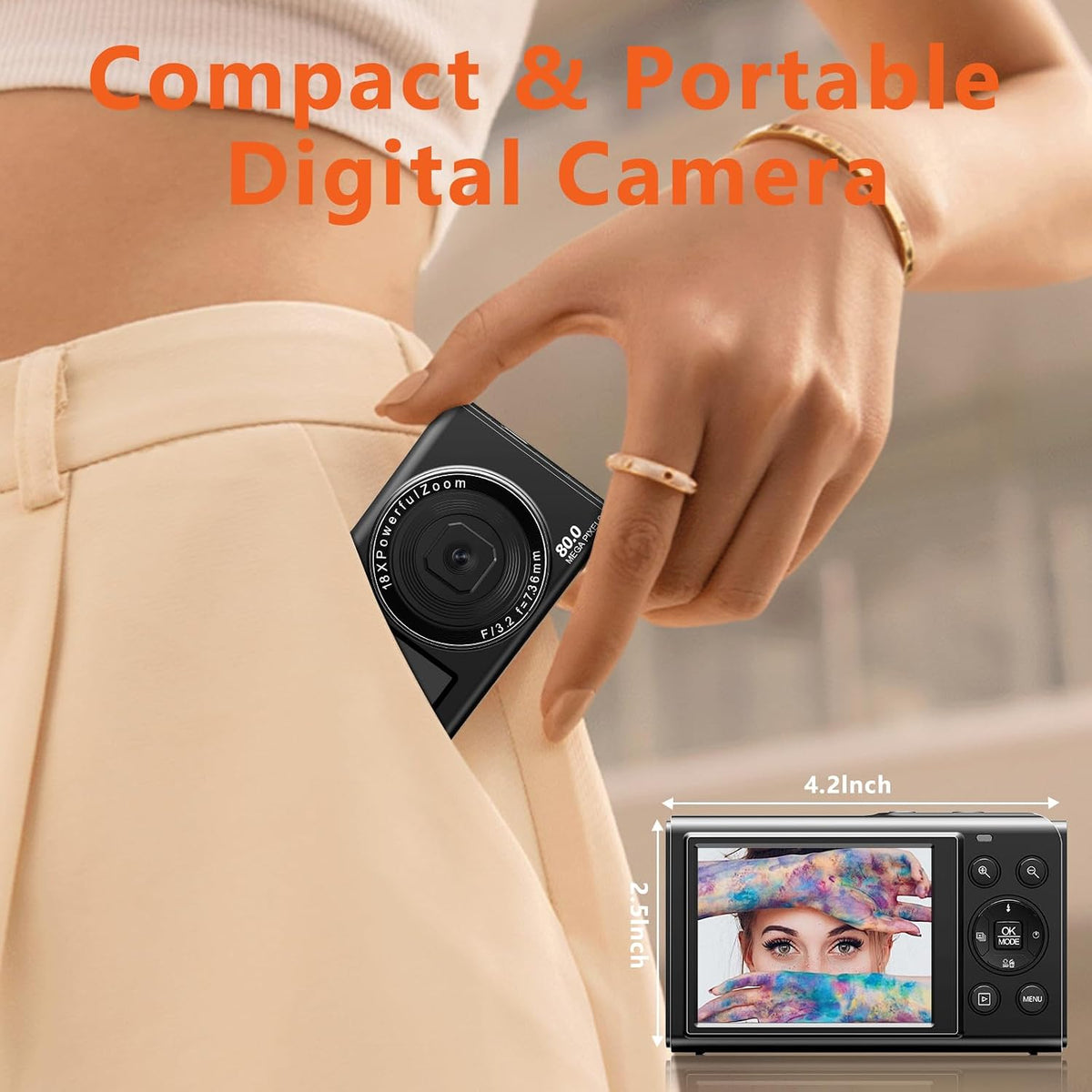 5K Digital Camera with 80 MP, 18X Zoom, 32GB SD Card, 1.5 Inch Selfie - Carlat