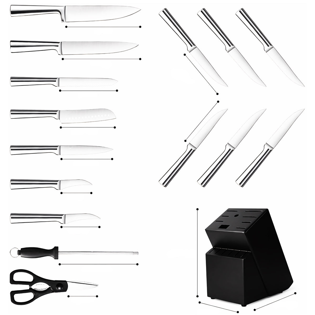 RTO All-steel kitchen knife set in a bread block with a stand, 16-piece set – image 4