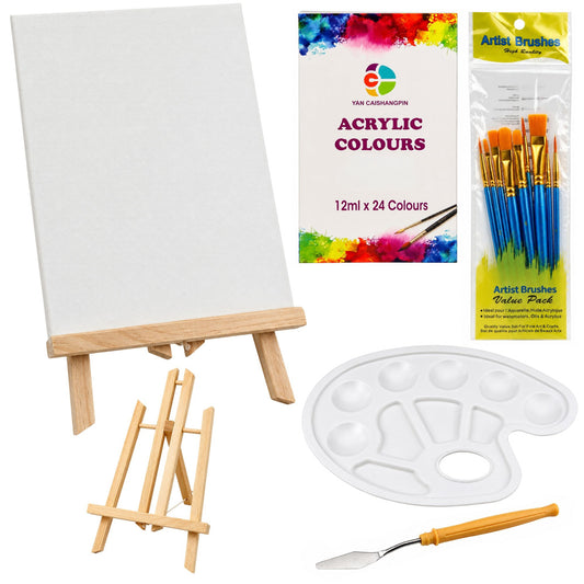 Art Supplies Set: Easel, 12 Canvases, 24 Acrylic Paints, Brushes - Carlat