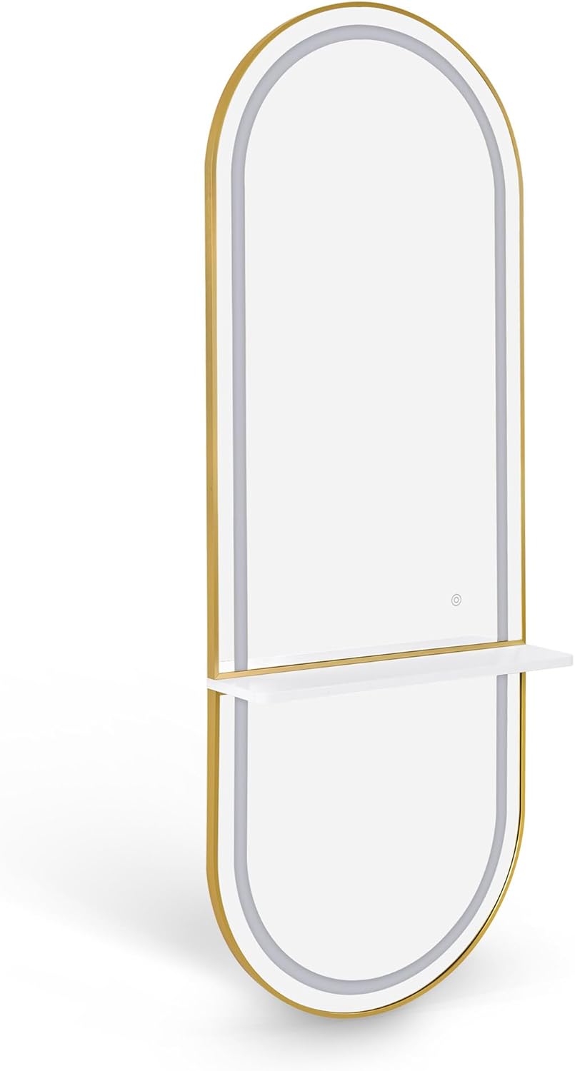 Barberpub J6270 Wall Mirror with Lighting, Full-Length Mirror with Aluminium Frame, Large Mirror with Shelf, Touch Switch, 3 Light Colours, Dimmable, for Hairdressing Salon, 17 x 65 x 177 cm - Carlat