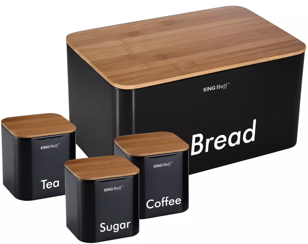 Bread bin set with containers, black, steel and bamboo, Kinghoff - Carlat