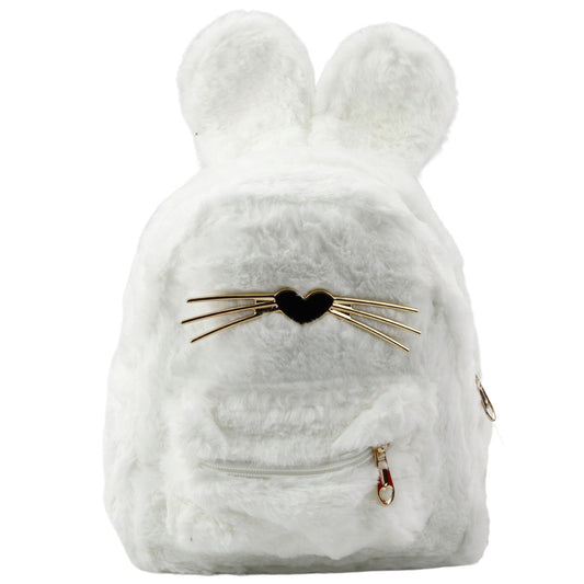 Children's Faux Fur Plush Backpack with Rabbit Ears, Nose, and Mustache - White, 3L, 22 cm - Carlat