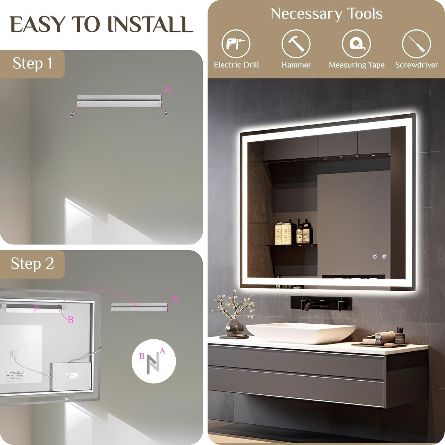 Clevich Bathroom Mirror with Lighting, 80 x 60 cm, LED Mirror with 3 Light Colours, Dimmable, Tempered Glass, Explosion Protection, Touch Switch, Memory Function, Anti-Fog, Bathroom Mirror with Light - Carlat