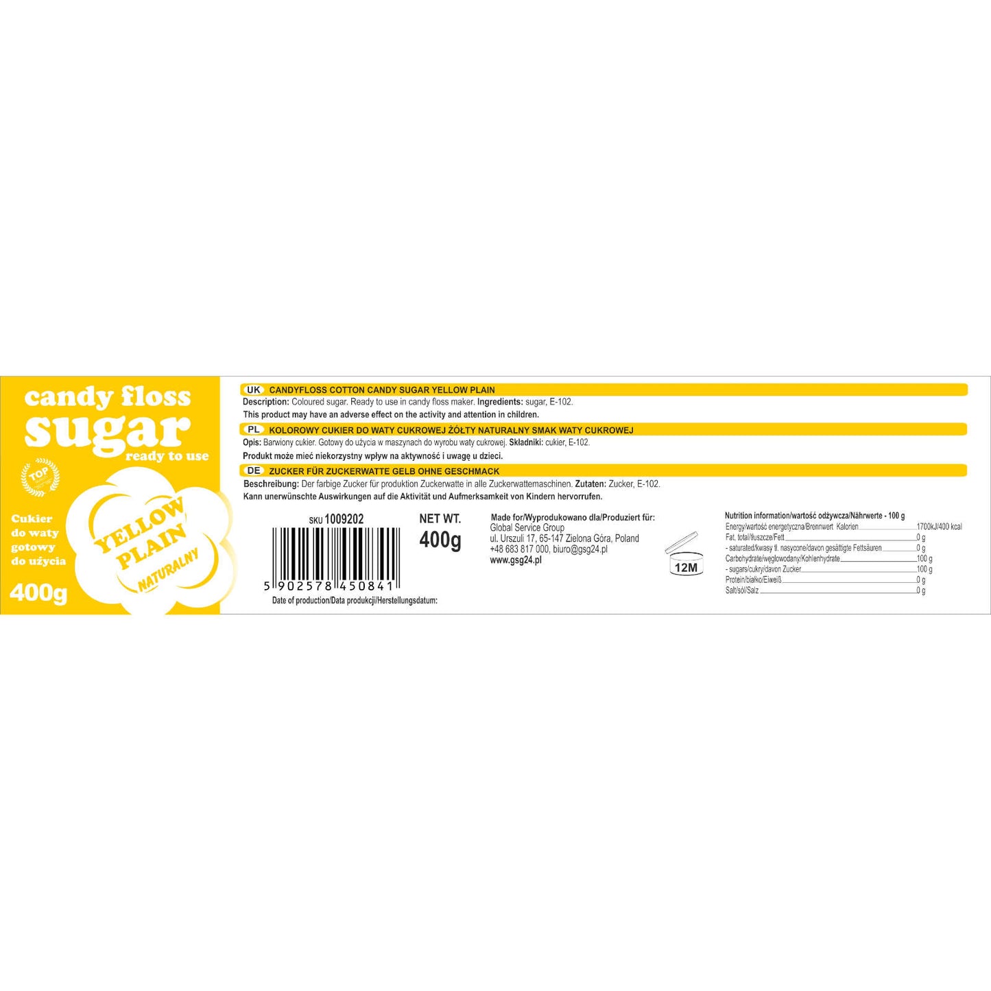 Colorful sugar for cotton candy yellow natural taste cotton candy 400g - Carlat