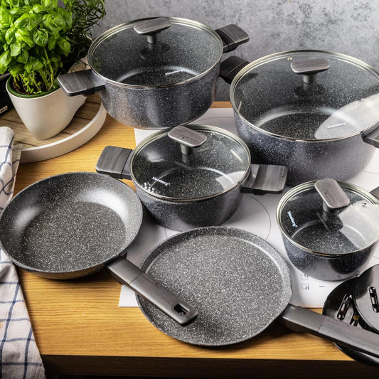 Klausberg Cookware set, 12 pieces, with nonstick coating, gray with wooden handles, Klausberg, KB-7832