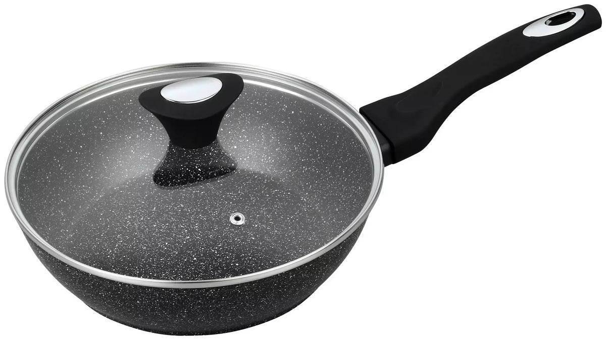 Deep frying pan with lid, aluminum, gray marble pattern, 24 cm diameter, Klausberg - Carlat