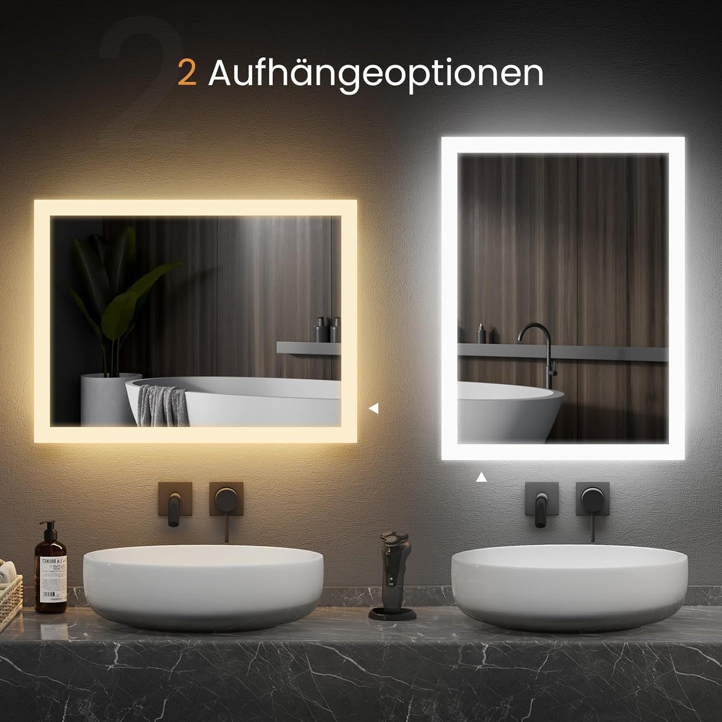 EMKE Bathroom Mirror with Lighting, 120 x 60 cm, Bathroom Mirror with Anti-Fog, Push Button Switch, Warm White Light and Cold White Light, IP44, Energy Saving Bathroom Mirror - Carlat