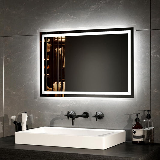 EMKE Bathroom Mirror with Lighting 40 x 60 cm LED Bathroom Mirror Anti-Fog Cool White Warm White Light Mirror Bathroom Mirror with Button Switch High-Quality Aluminium Frame IP44 Energy Saving - Carlat