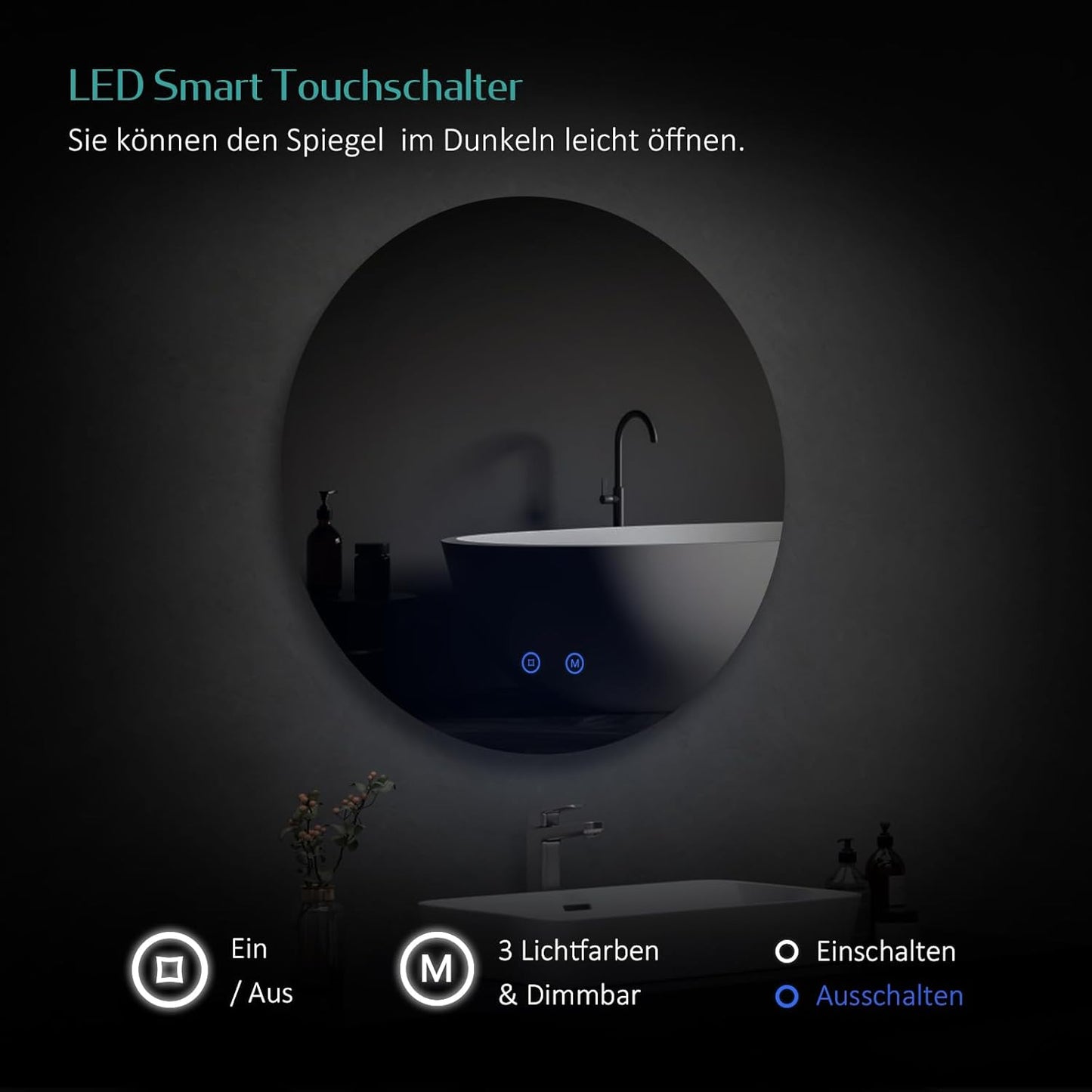 EMKE Bathroom Mirror with Lighting, Round, 70 cm Bathroom Mirror with 3 Light Colours, Dimmable, Touch, Memory Function, Energy Saving Bathroom Mirror, Wall Mirror, Round - Carlat