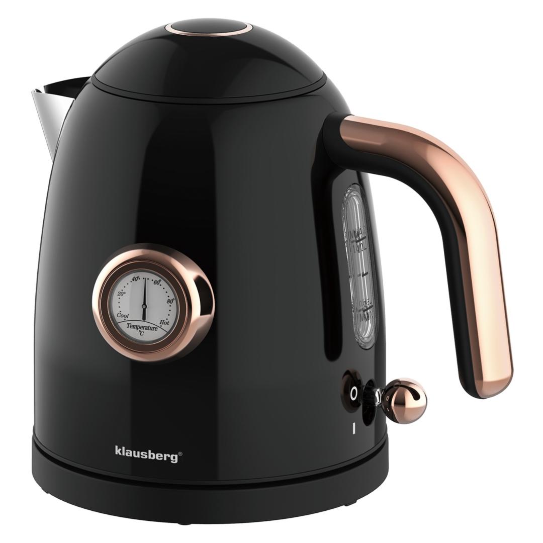Electric kettle with thermometer, stainless steel, black, 1.0 L, 1200 W, Klausberg, KB-9017 - Carlat