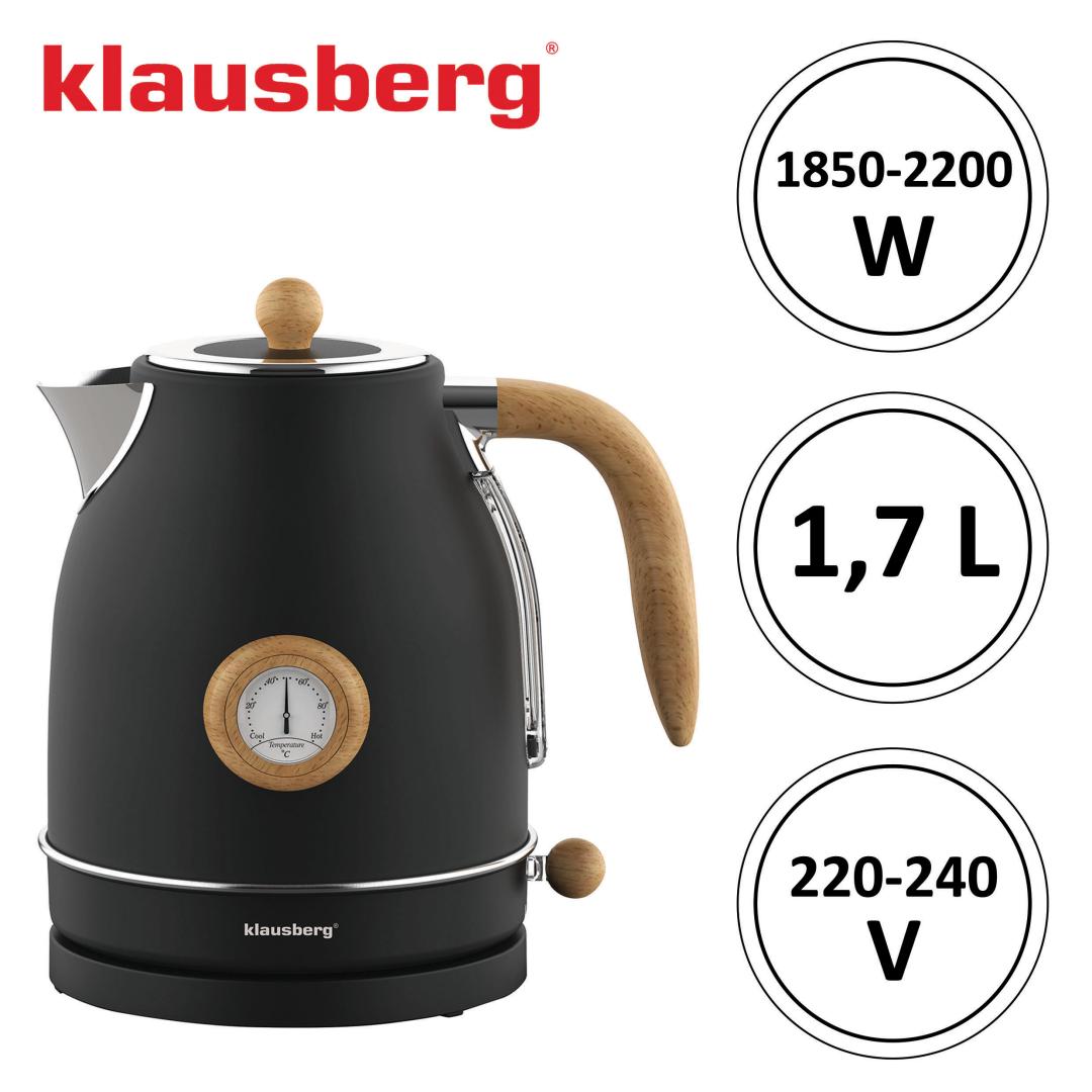 Electric kettle with thermometer, stainless steel, black with wood accents, 1.7 L, 1850–2200 W, Klausberg, KB-7907 - Carlat