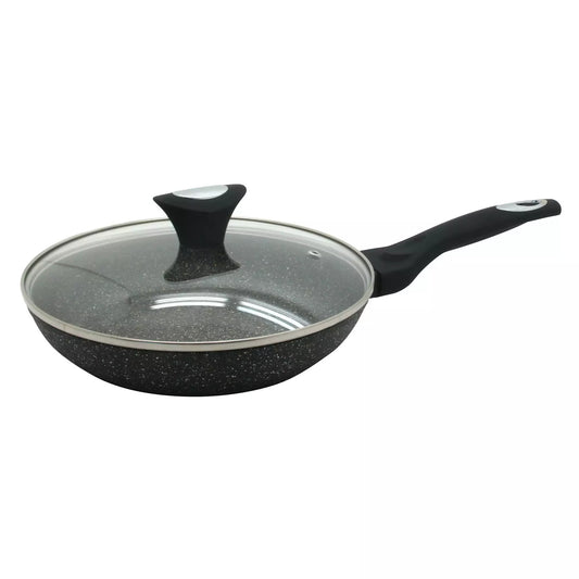 Frying pan with lid, aluminum, gray marble pattern, 24 cm diameter, Klausberg - Carlat