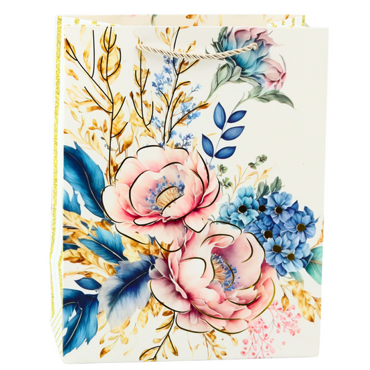 Gift Bag with Flowers and Gold Accents, 23 x 18 x 10 cm - Carlat