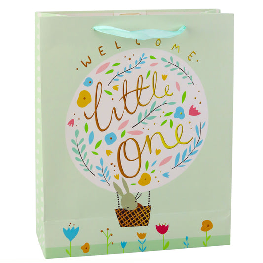 Green "Rabbit and Flowers" Baby Shower Gift Bag, 32 x 26 x 12 cm - Carlat