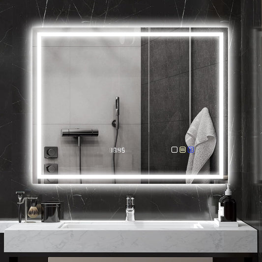 HOMCOM Bathroom Mirror with Lighting 80 x 60 cm LED Mirror Wall Mirror with Bluetooth Music Function Memory Function Clock 3 Light Colours Anti-Fog Light Mirror with Touch Switch Silver - Carlat