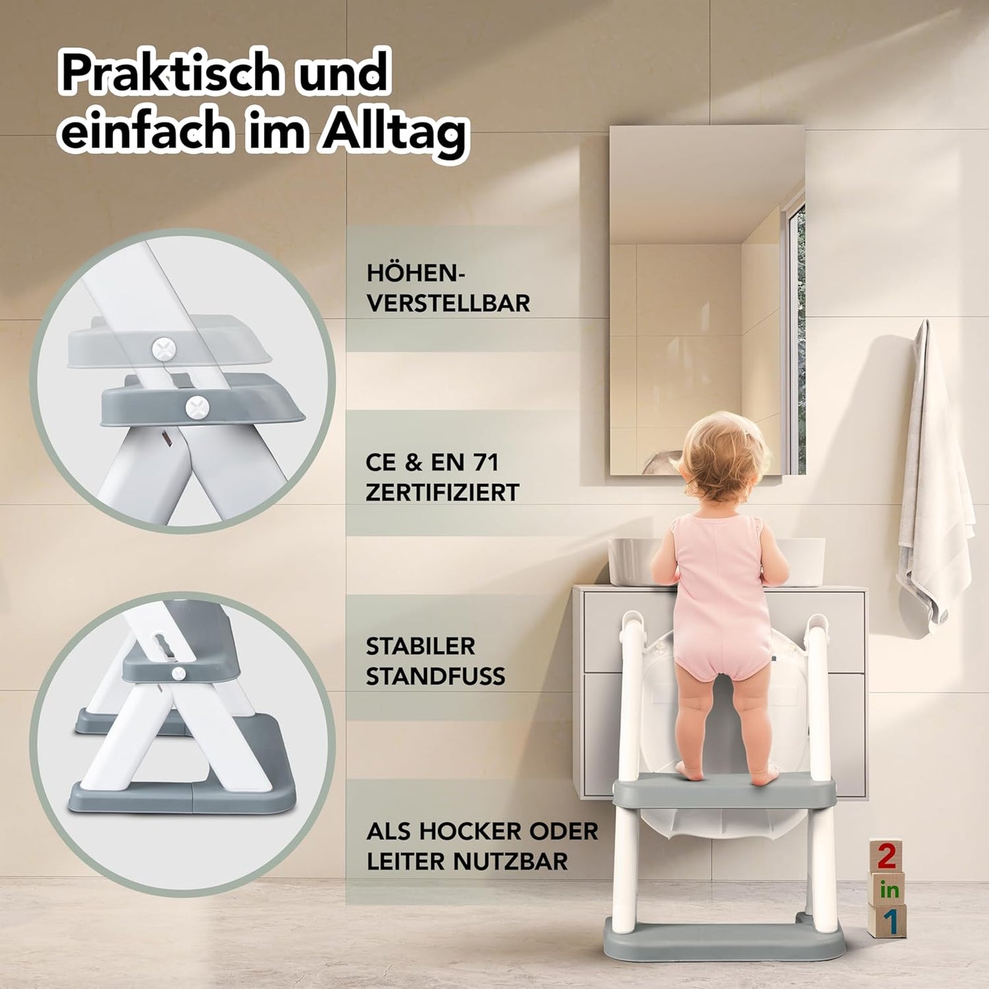 KidzCorner Children's Toilet Seat with Stairs, Height-Adjustable Toilet Ladder, Foldable Can Also Be Used as a Step Stool, Toilet Seat for Potty Training - Carlat