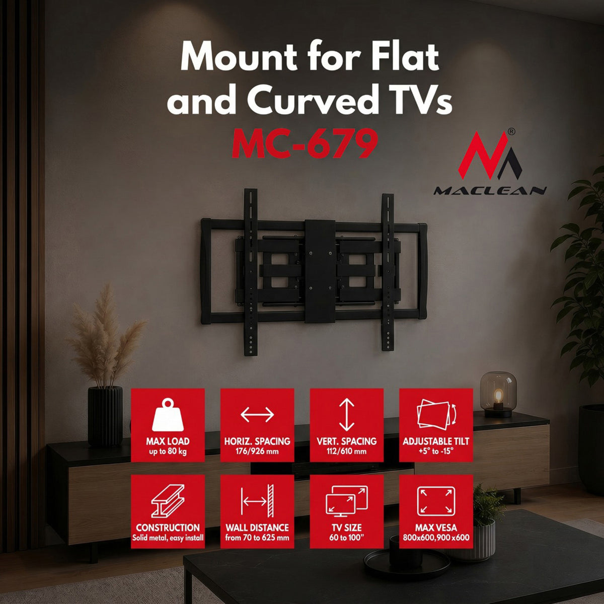 Maclean TV Mount / Bracket, max VESA 800x600, 600x900, for flat and curved TVs, 60–100", up to 80 kg, MC-679 - Carlat
