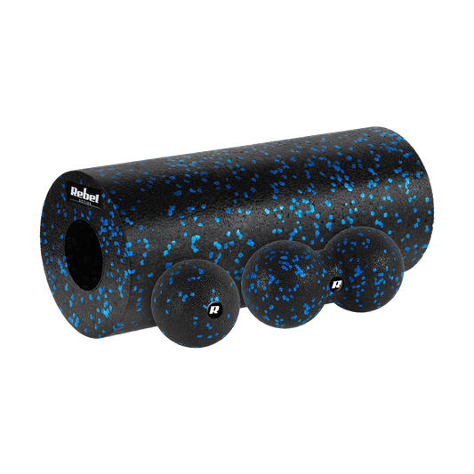 Massage roller set, roller, ball, duoball, 3 pieces, black and blue, EPP material, REBEL ACTIVE - Carlat