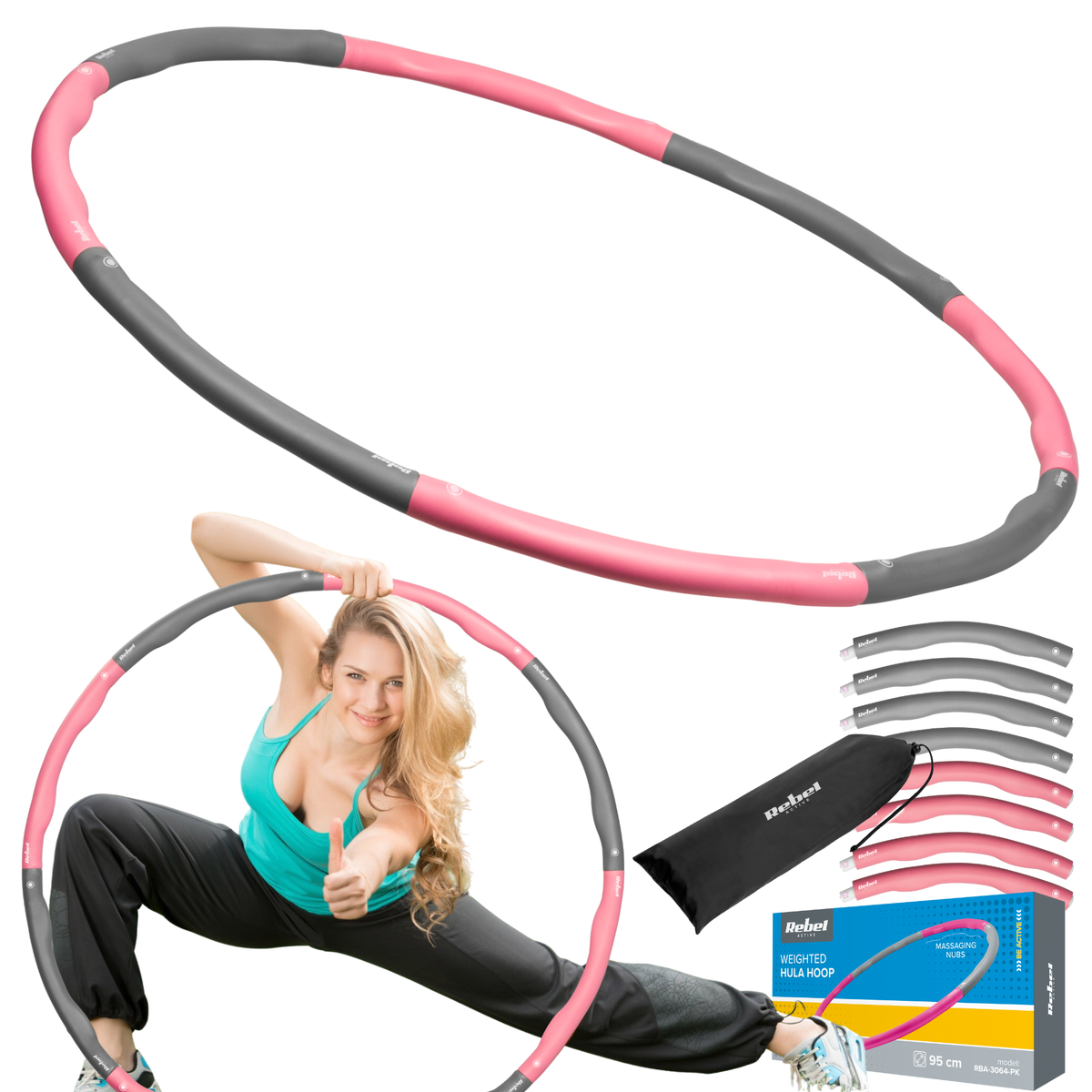 Massagers for – 95 cm Weight-Loss Hula Hoop, Pink, REBEL ACTIVE - Carlat
