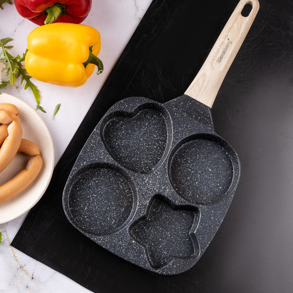 Nonstick frying pan, black with a wooden handle, 4 sections in different shapes, 36x19x2.3 cm, Klausberg, KB-7807 - Carlat