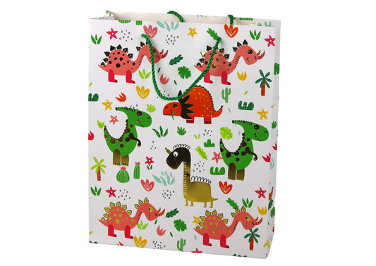 Paper Gift Bag with Colorful Dinosaurs and Palms, 32 cm x 26 cm x 10 cm - Carlat