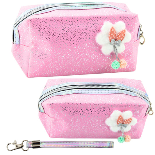 Pink Pencil Case / Cosmetic Pouch with Bow and Shimmering Glitter - Carlat