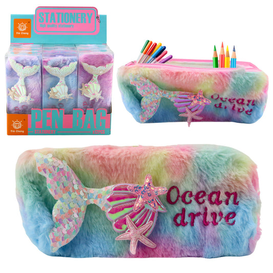 Plush Pencil Case with a Mermaid Tail, Sequins, Pastel Colors - Carlat