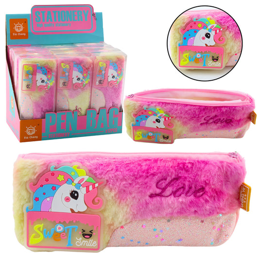 Plush Pencil Case with a Unicorn, Shiny Details, Pink Unicorn - Carlat
