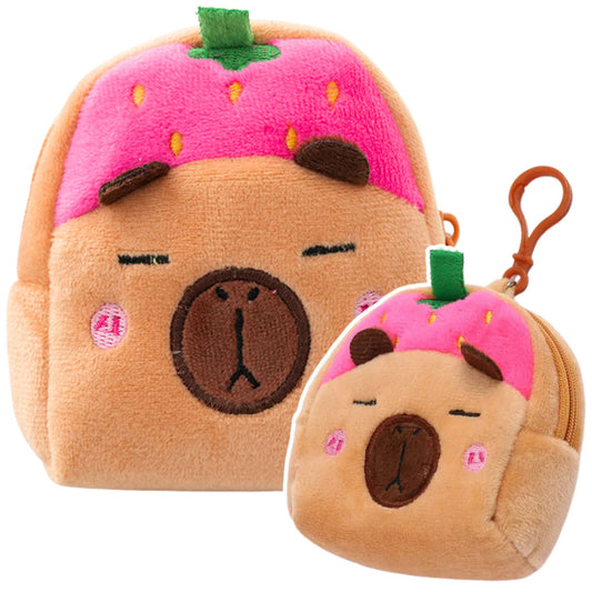 Plush Wallet with Keychain: Strawberry-Pink Capybara, 9.5 x 8 cm - Carlat