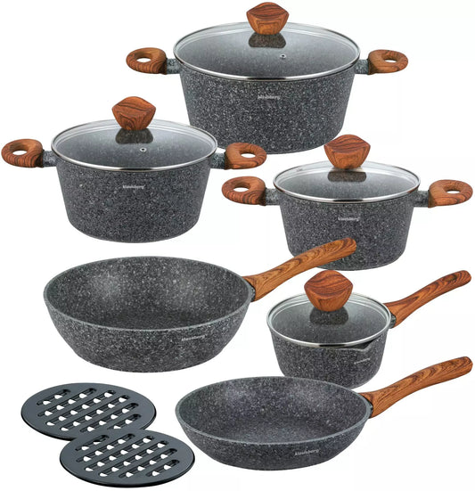 Pots and – 12-piece cookware set, aluminum, gray marble pattern, Klausberg - Carlat