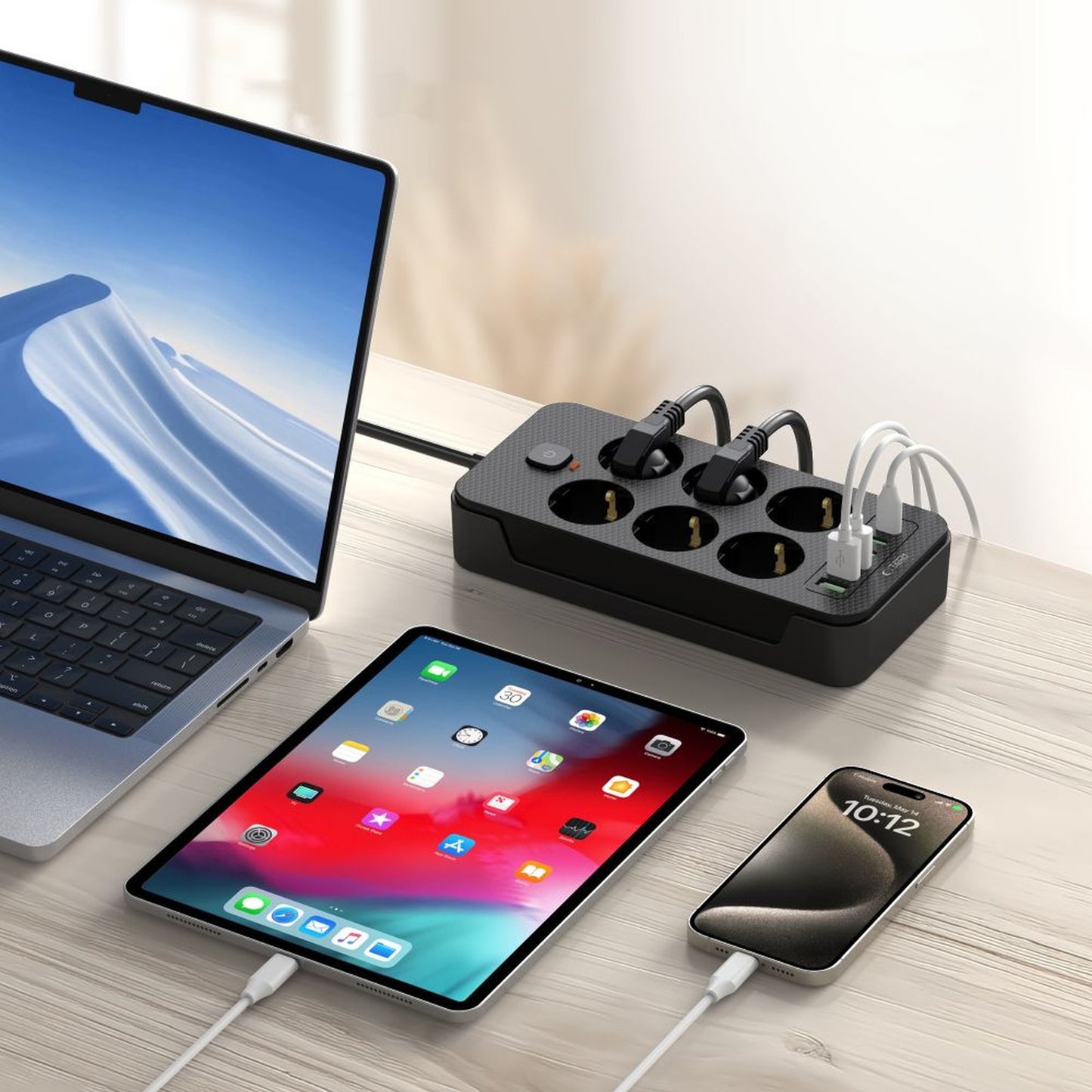 Power strip extension cord 6 sockets 240V USB-A USB-C 2m - black - Carlat