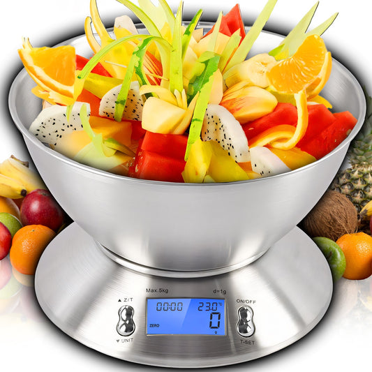 RTO Precision kitchen scale with electronic thermometer, stainless steel bowl (1 g–5 kg), and timer