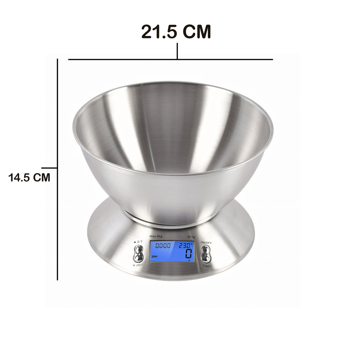 Precision kitchen scale with electronic thermometer, stainless steel bowl (1 g–5 kg), and timer - Carlat
