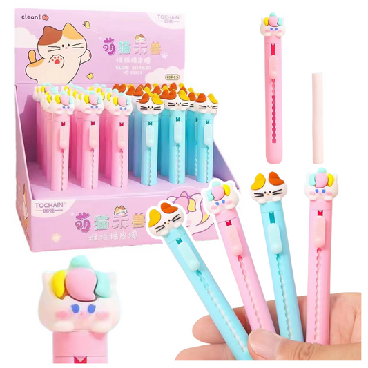 Retractable Eraser in a Pen with a Cat Figurine—Blue and Pink - Carlat