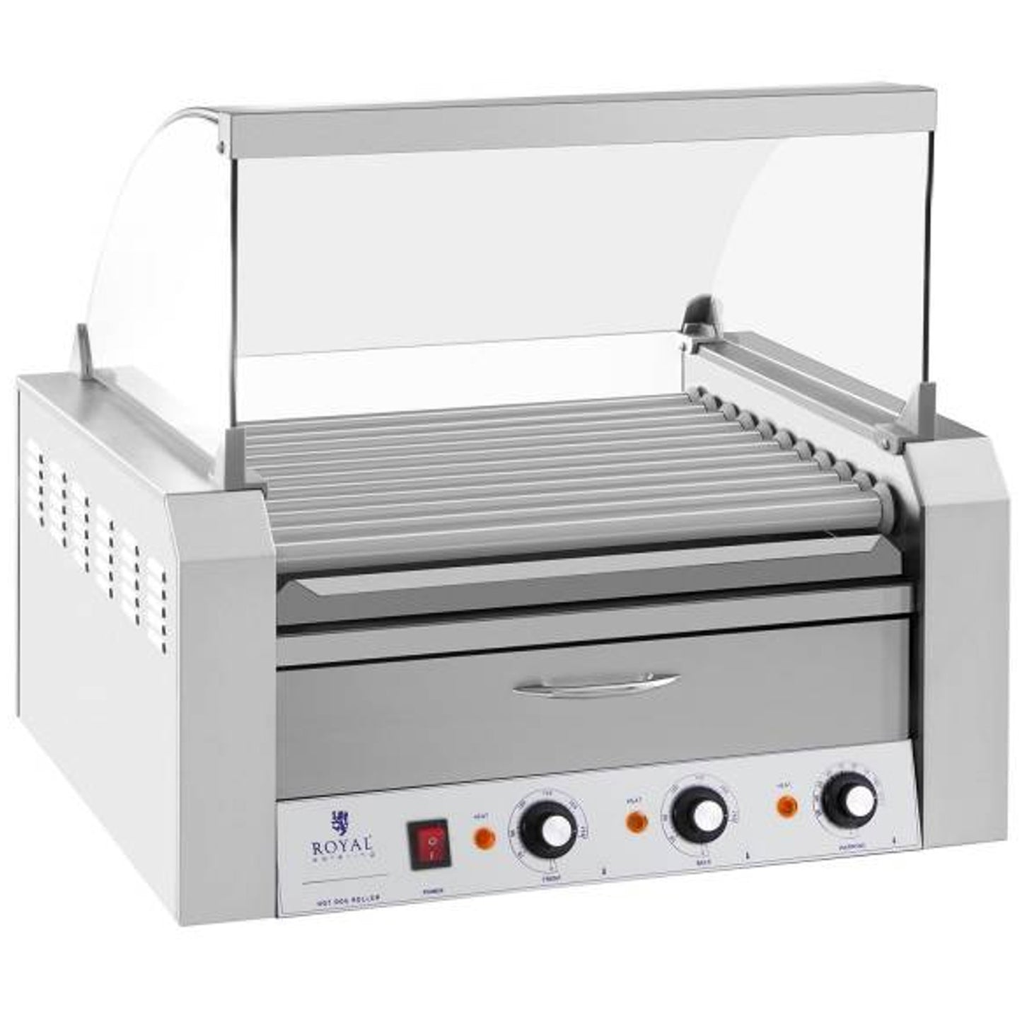 Roller roller grill with lid and heating drawer for 20 hot dog wieners 2600W 230V Royal Catering - Carlat