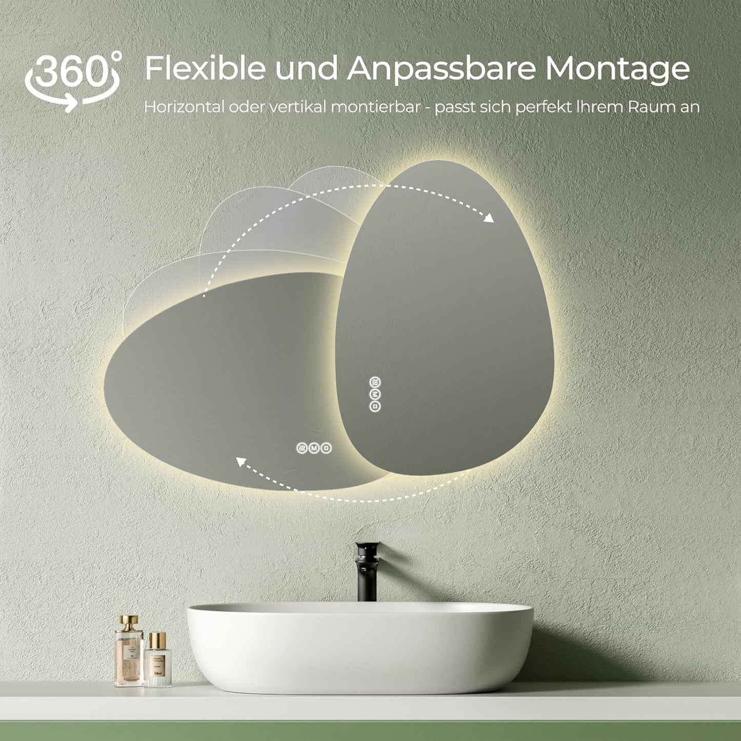 S'AFIELINA Mirror with Lighting, Asymmetrical LED Bathroom Mirror 75 x 55 cm with Touch Switch, Dimmable, 3 Light Colours, Adjustable, Anti-Fog Bathroom Mirror with Lighting - Carlat