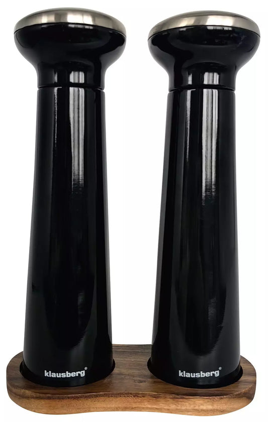 Salt and pepper mills with an acacia wood stand, Klausberg - Carlat