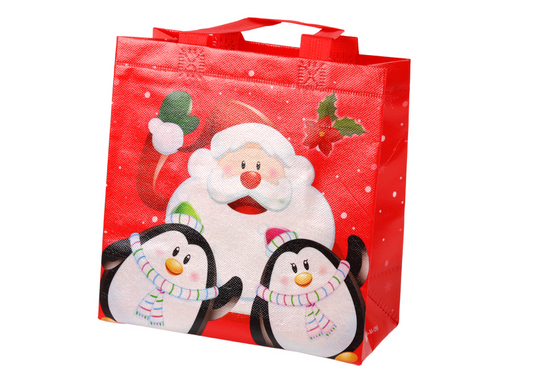 Santa and Penguins Gift Bag, Red, 22 cm x 22 cm x 11 cm - Carlat