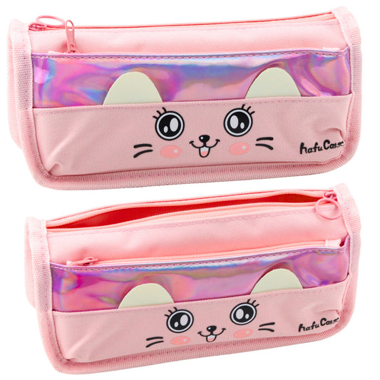 School Pencil Case with Cat, Two Pockets, Pink, 21.5 cm - Carlat