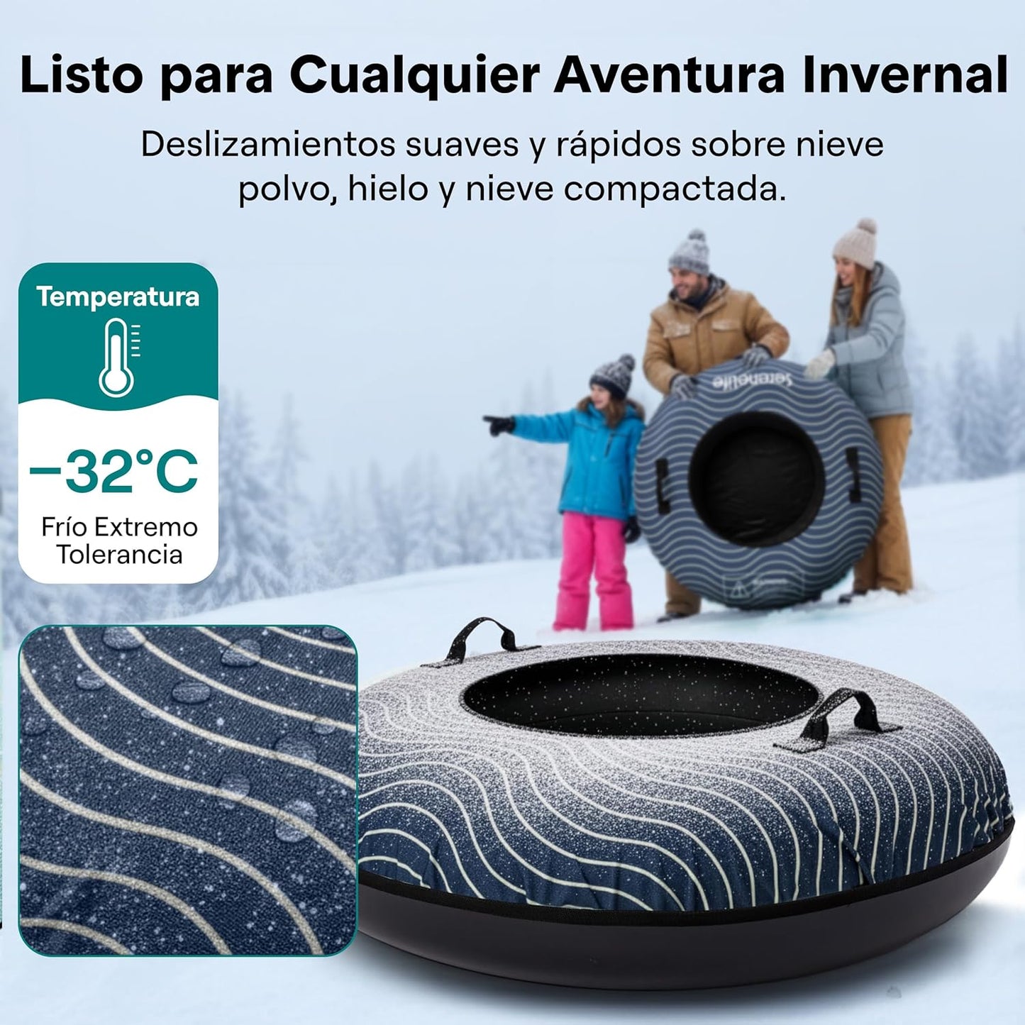 SereneLife Snowtube 101/112/122 cm - Inflatable Sledge for Children and Adults, with Hard Plastic Base, Drawstring and Snow Slider Design for Winter Fun in the Snow - Carlat