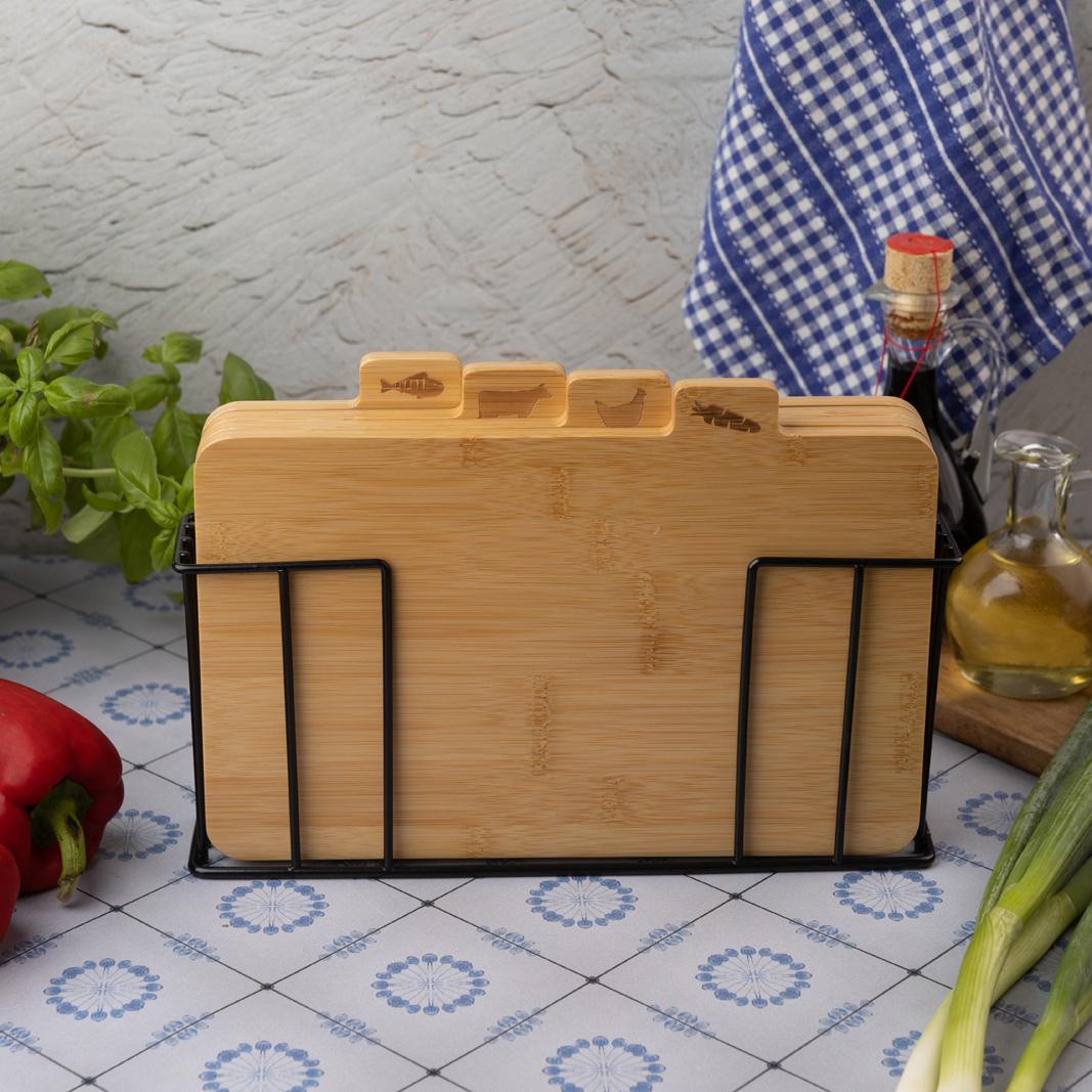 Set of 4 bamboo cutting boards with a stand, Kinghoff - Carlat