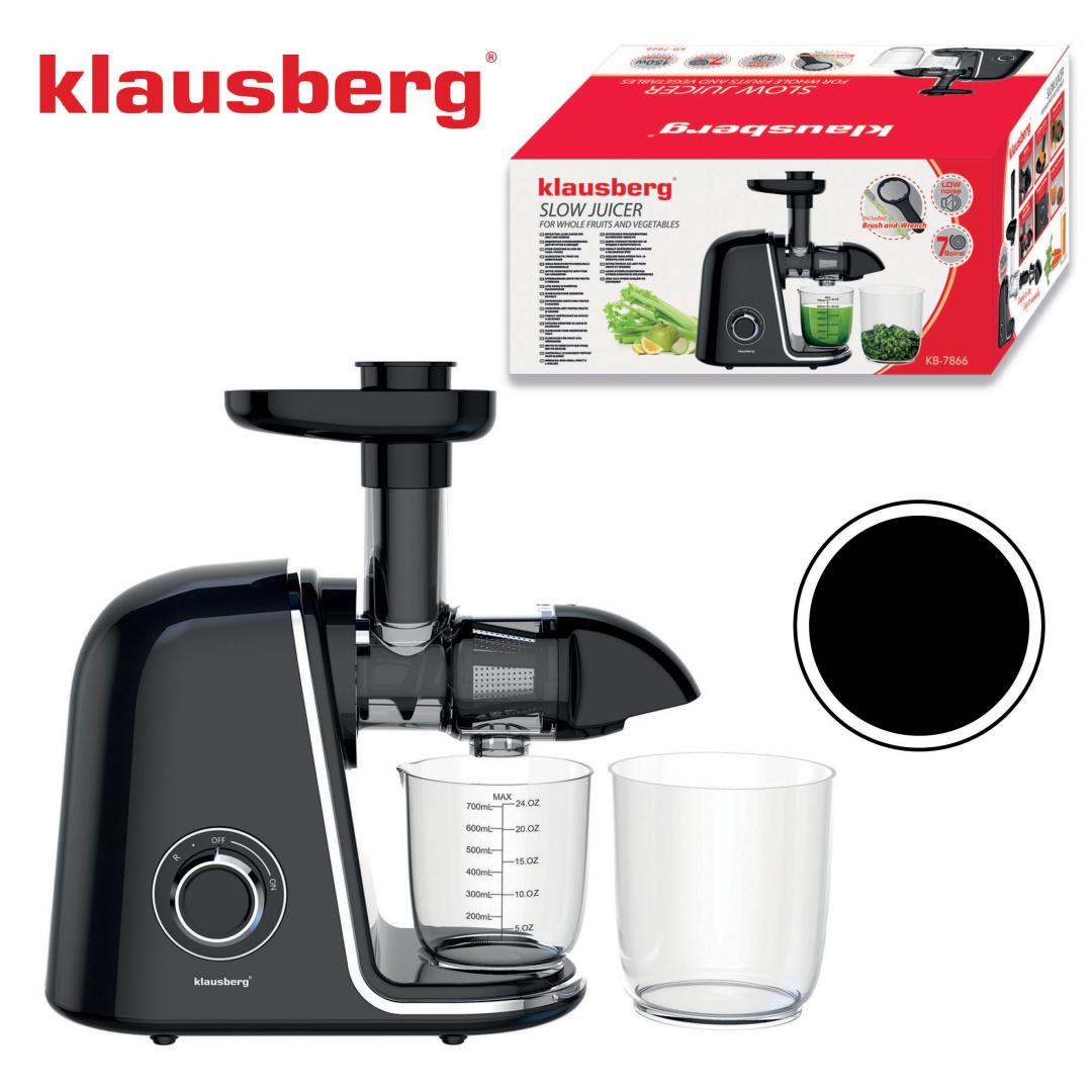 Slow juicer for fruits and vegetables, horizontal, black with silver accents, 150 W, Klausberg, KB-7866 - Carlat