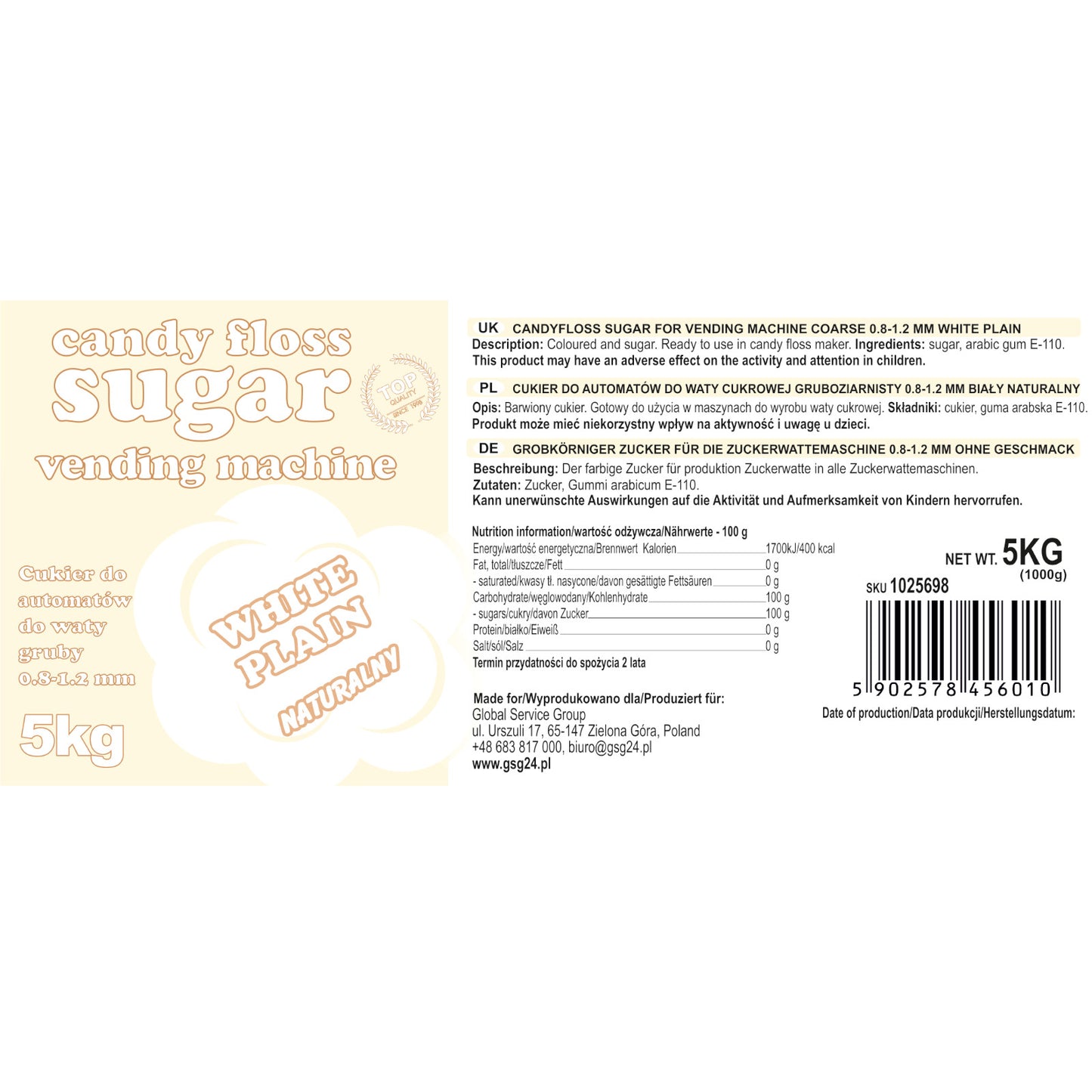 Sugar for the cotton candy machine, granulation 0.8-1.2mm, natural flavor, WHITE 5kg - Carlat
