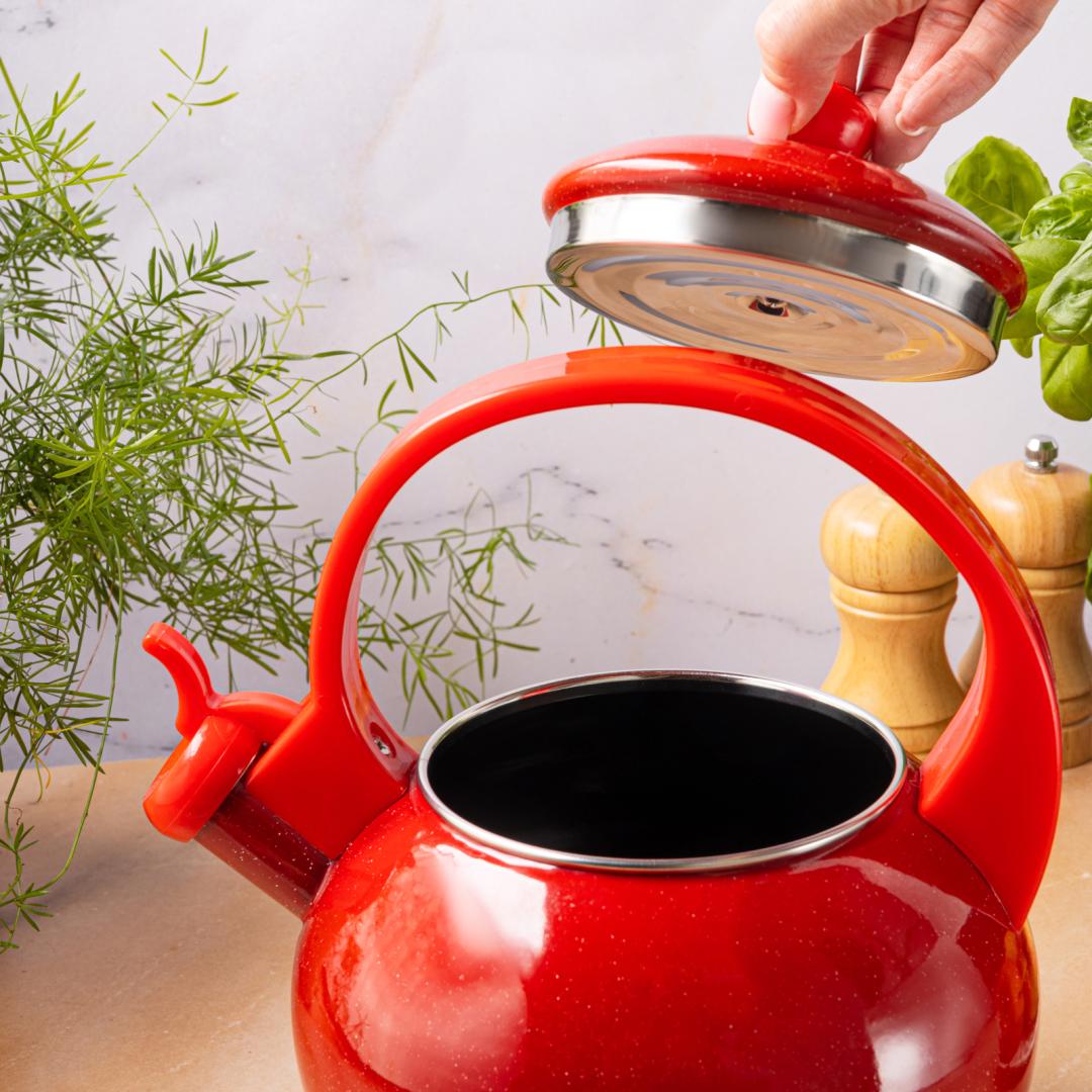 Traditional – Enameled kettle with whistle, 2 L, red, Kinghoff, KH-2080 - Carlat
