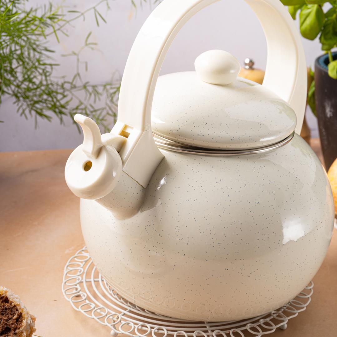 Traditional – Enameled kettle with whistle, 2 L, white, Kinghoff, KH-2040 - Carlat